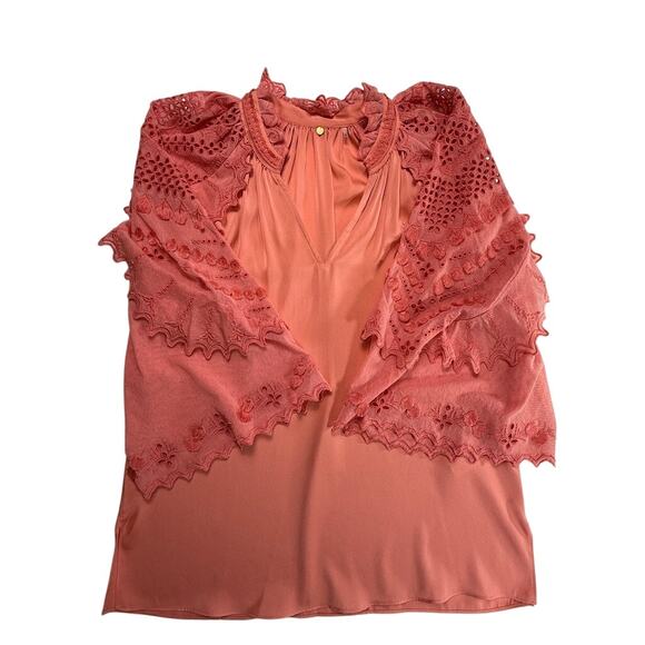 Kobi Halperin Daphne Embroidered Mesh-Sleeve Silk Blouse in Sherbet Pink Size S - Picture 2 of 16